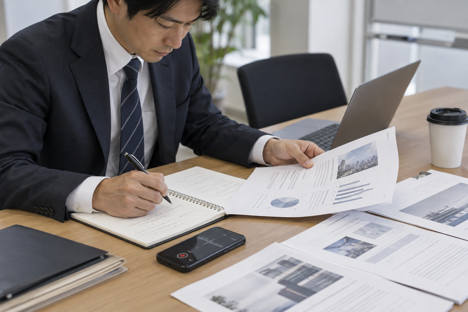 商談メモと提案資料、録音を確認しながら営業内容を整理する様子